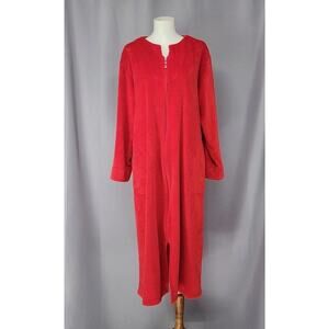 Miss Elaine Robe Womens Medium Red Zip Front Fleece Hooded Lounge Sleepwear